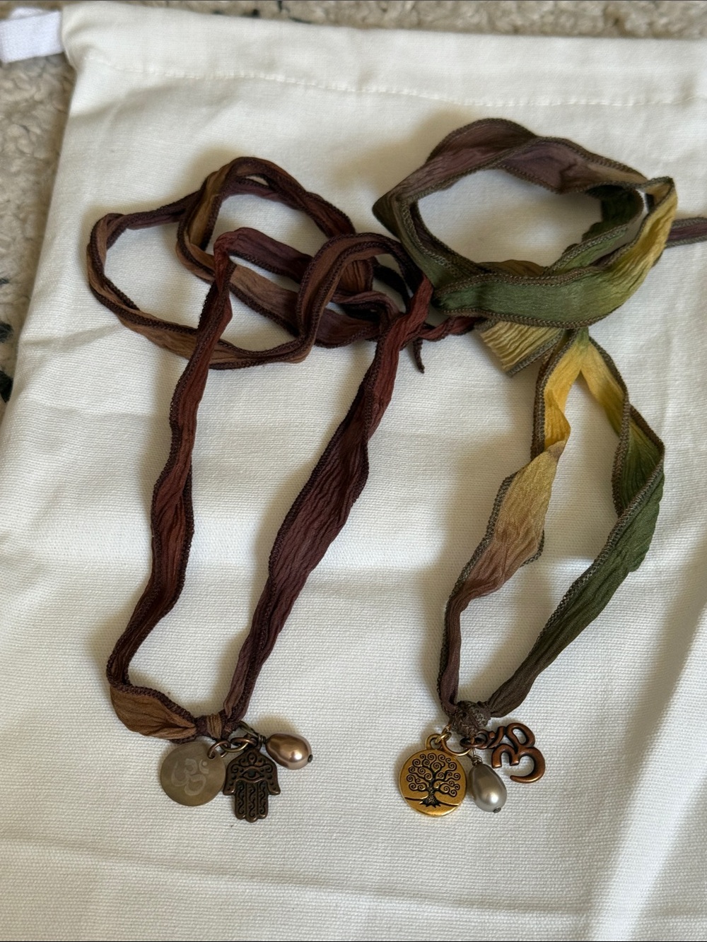 Two Boho Wrap Charm Necklaces with Tree of Life, Om & Hamsa Pendants - NEW